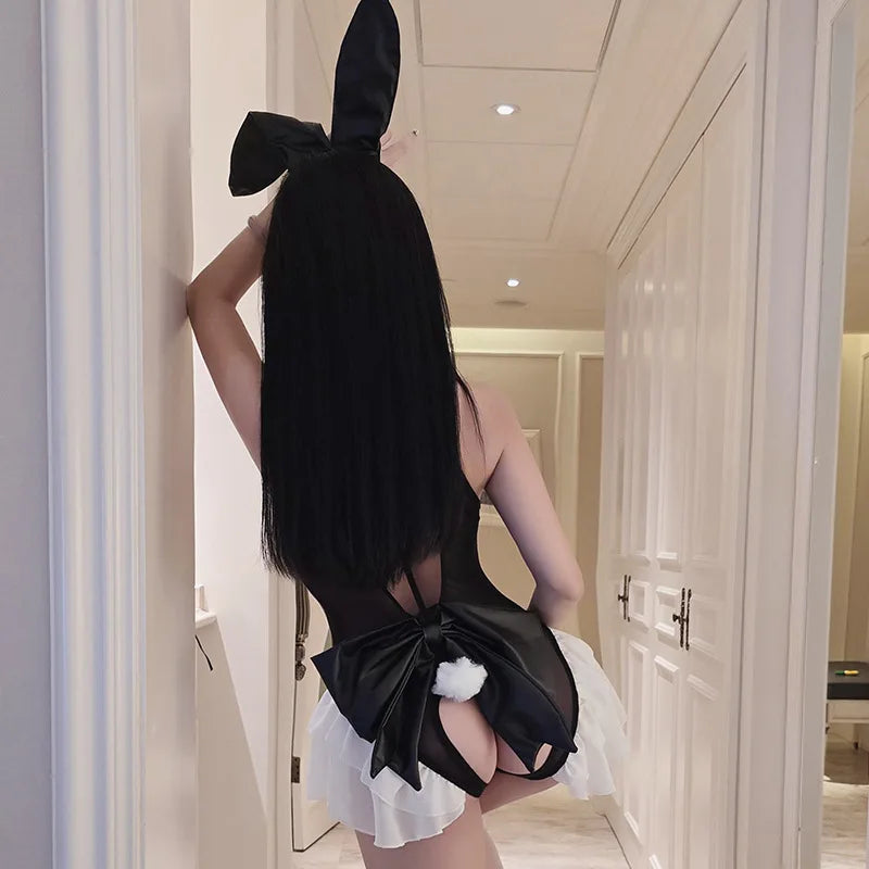 Adult SM Bunny Girl Uniform Lingerie Jumpsuit with Gauze Skirt And Leather Jacket Sexy Cosplay Seduction Costume for Ages 18+