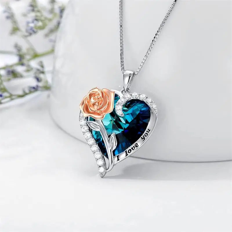 "I Love You" Rose Flower Pendant Necklace Heart Crystal Fashion Jewelry Birthday Gift Mom Wife Girlfriend Valentine's Day Gift