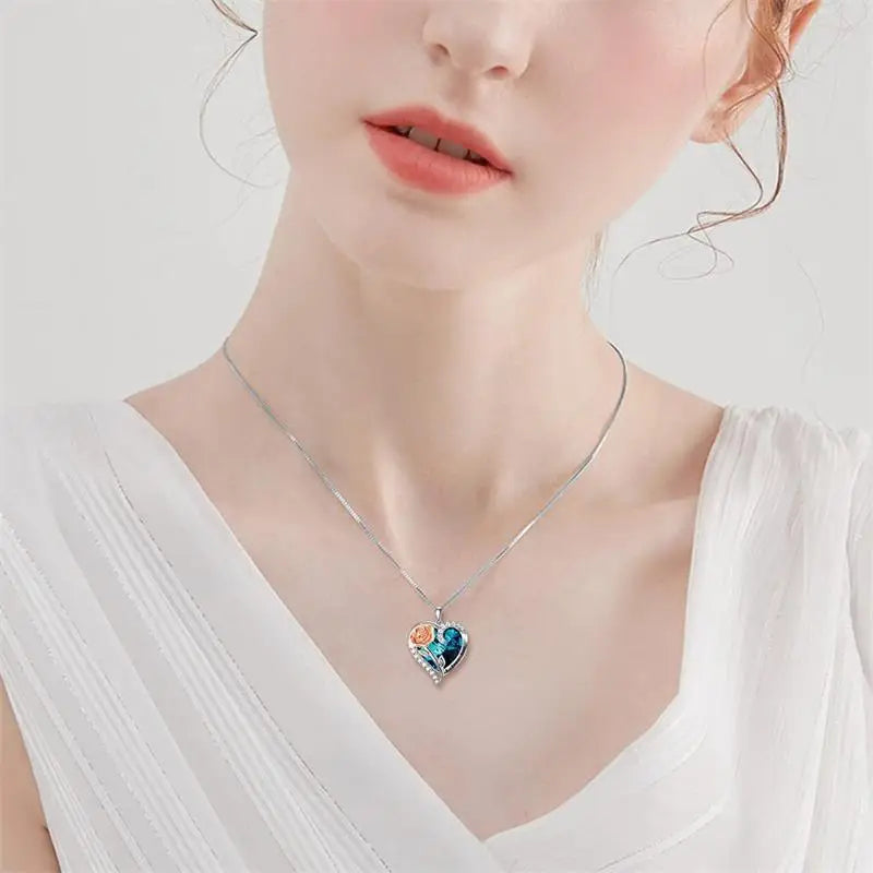 "I Love You" Rose Flower Pendant Necklace Heart Crystal Fashion Jewelry Birthday Gift Mom Wife Girlfriend Valentine's Day Gift