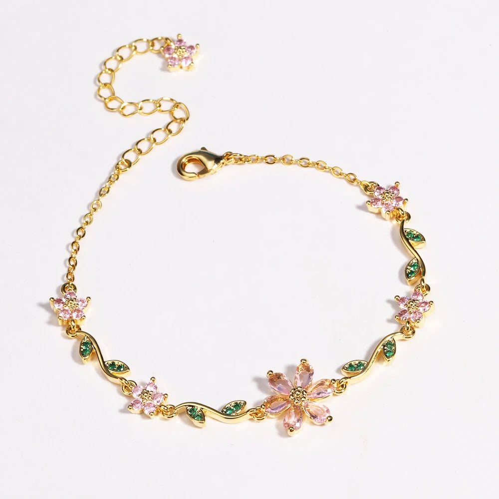 Luxury New Fashion Exquisite Green Leaf Flower Bracelet For Women Pink Cubic Zirconia Chain Shiny Rhinestone Bangle Jewelry