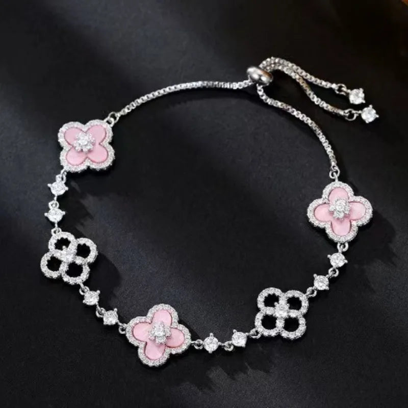 Shell Stone Crystal Four Leaf Bracelet Flower Shaped Handmade Light Luxury Cherry Blossom Pink Imitation Beinu Lucky Hand Chain