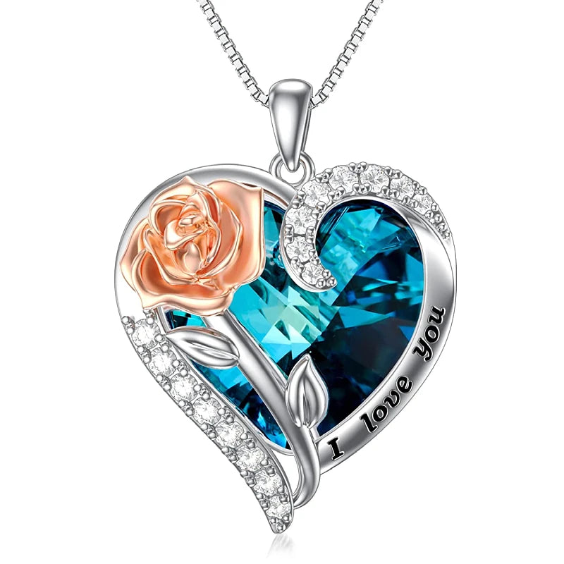 "I Love You" Rose Flower Pendant Necklace Heart Crystal Fashion Jewelry Birthday Gift Mom Wife Girlfriend Valentine's Day Gift