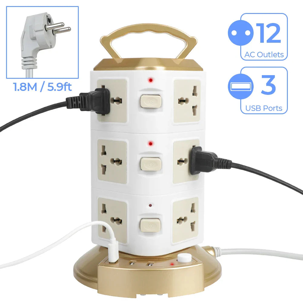 Overload Protector 2500W Tower Multi Power Strip EU US UK AU Universal Socket EU Plug With 3 USB Vertical 12 Way Outlets