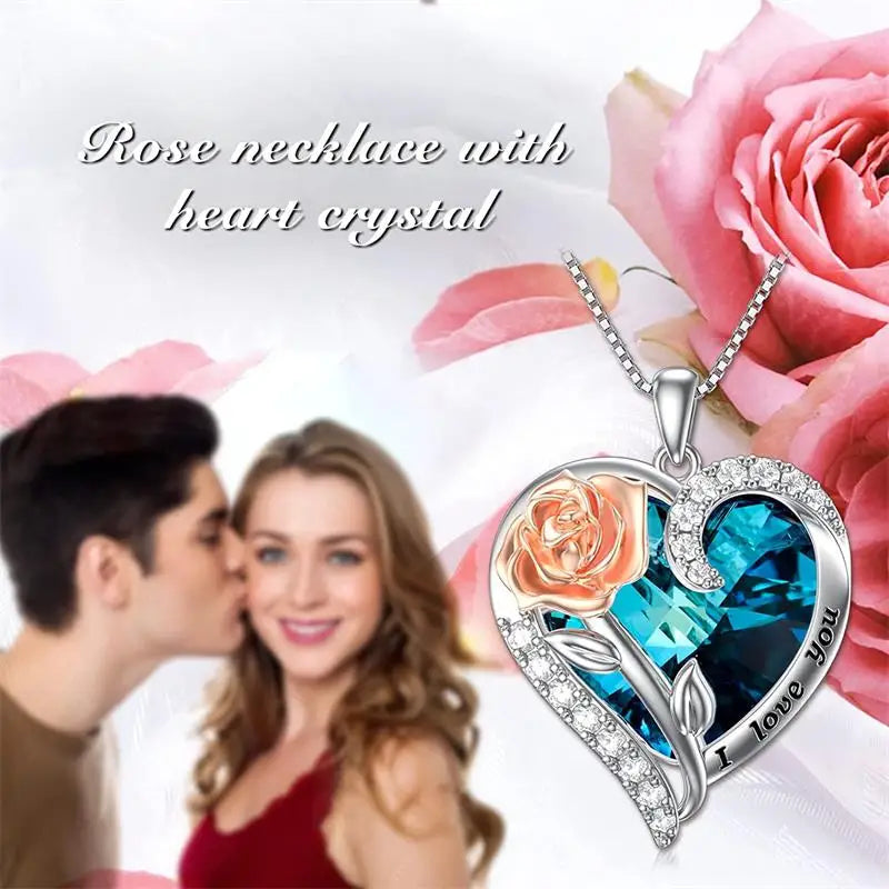 "I Love You" Rose Flower Pendant Necklace Heart Crystal Fashion Jewelry Birthday Gift Mom Wife Girlfriend Valentine's Day Gift