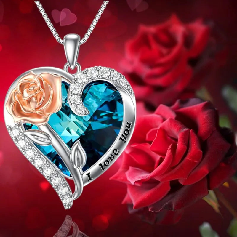 "I Love You" Rose Flower Pendant Necklace Heart Crystal Fashion Jewelry Birthday Gift Mom Wife Girlfriend Valentine's Day Gift
