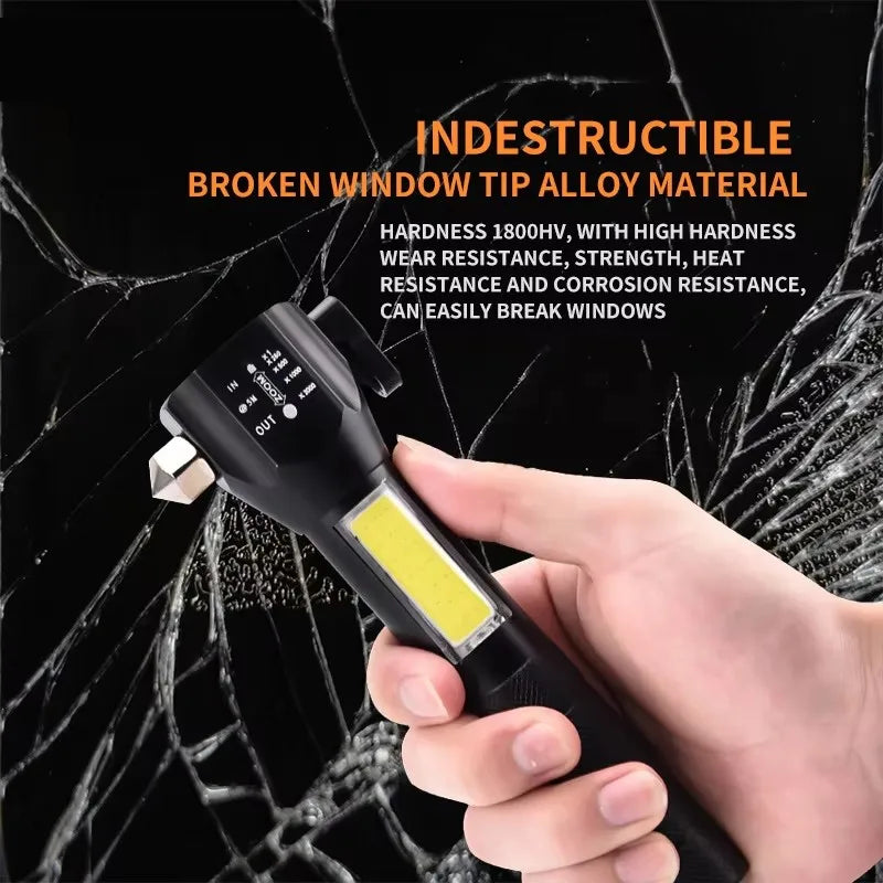 Multi-Function COB LED Flashlight Emergency Light Safety Hammer