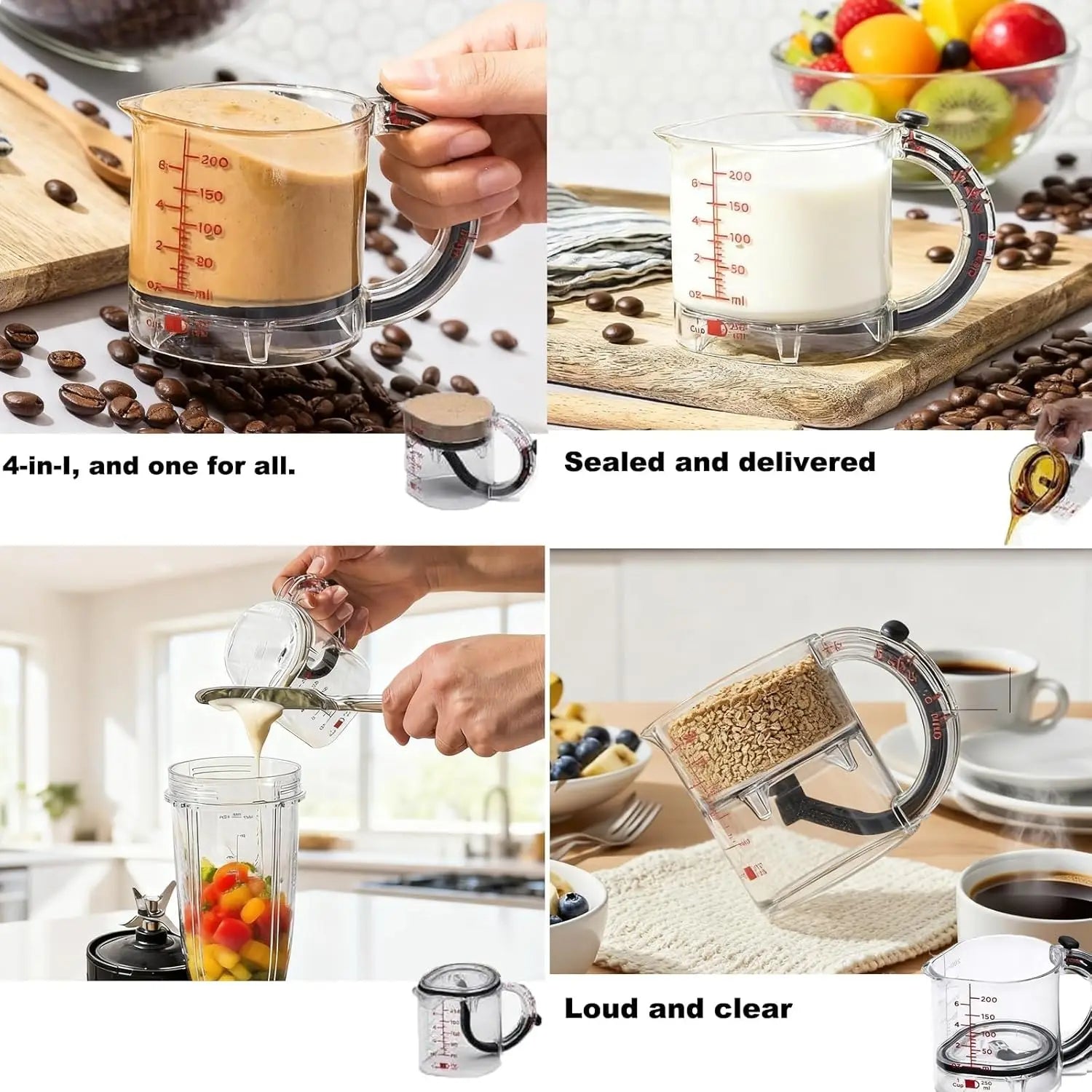 4-IN-1 Measuring Cup Adjustable MultiFunctional Measuring Cup with Scraper-Style Seal Base Kitchen Cube Cups Tools for Cooking