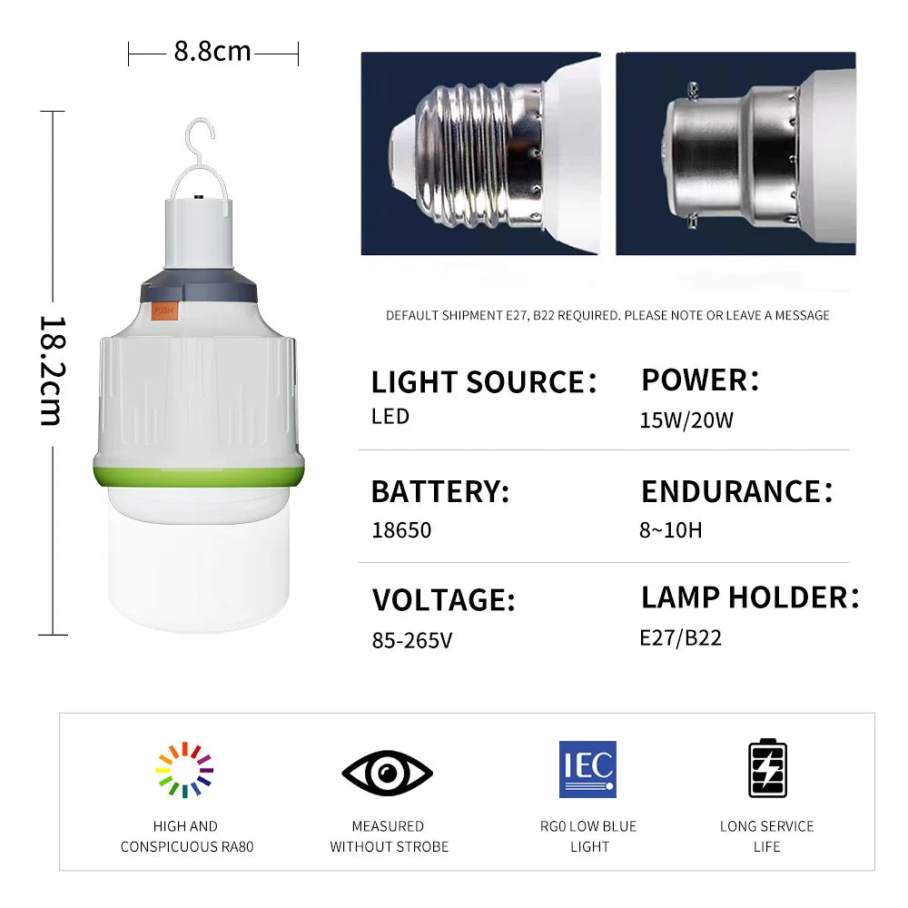 Rechargeable LED bulb high brightness emergency light hook camping fishing portable home emergency blackout lantern night light