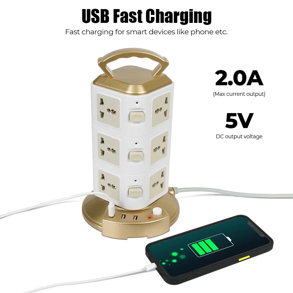 Overload Protector 2500W Tower Multi Power Strip EU US UK AU Universal Socket EU Plug With 3 USB Vertical 12 Way Outlets