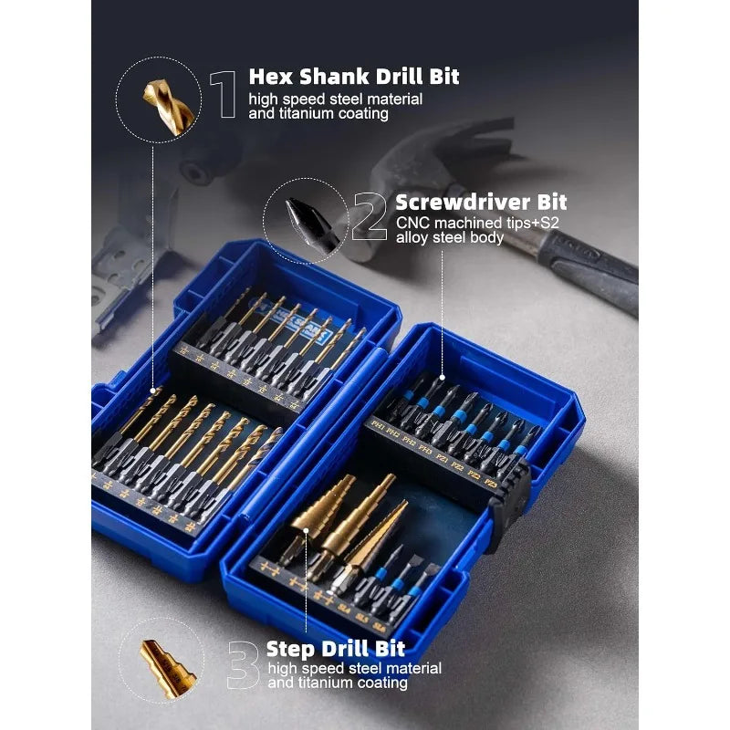 30PCS Impact Driver Bit Set Include Screwdriver Bit Set,Step Drill Bit,Hex Shank Drill Bit with Tough Stackable Case