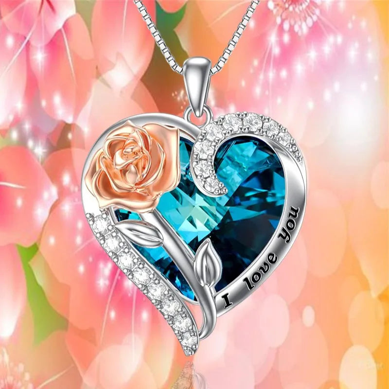 "I Love You" Rose Flower Pendant Necklace Heart Crystal Fashion Jewelry Birthday Gift Mom Wife Girlfriend Valentine's Day Gift