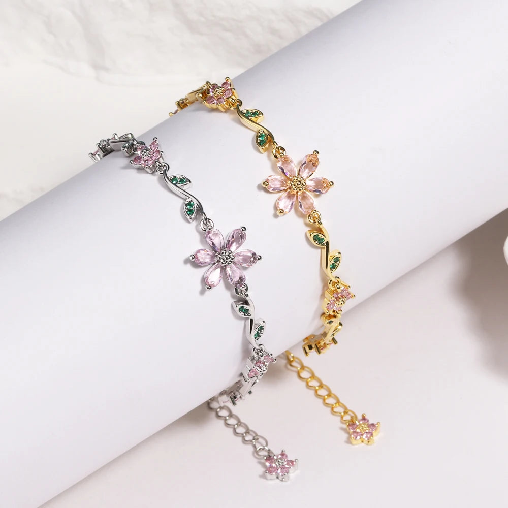 Luxury New Fashion Exquisite Green Leaf Flower Bracelet For Women Pink Cubic Zirconia Chain Shiny Rhinestone Bangle Jewelry