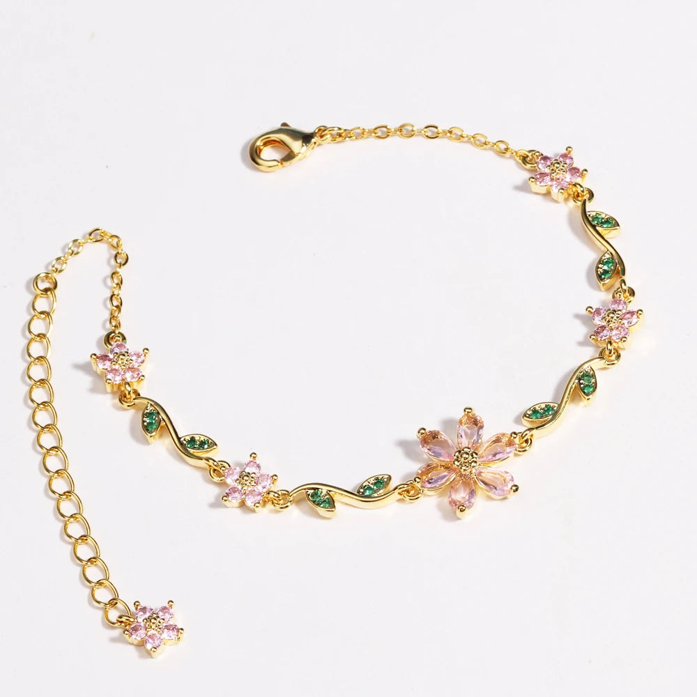 Luxury New Fashion Exquisite Green Leaf Flower Bracelet For Women Pink Cubic Zirconia Chain Shiny Rhinestone Bangle Jewelry