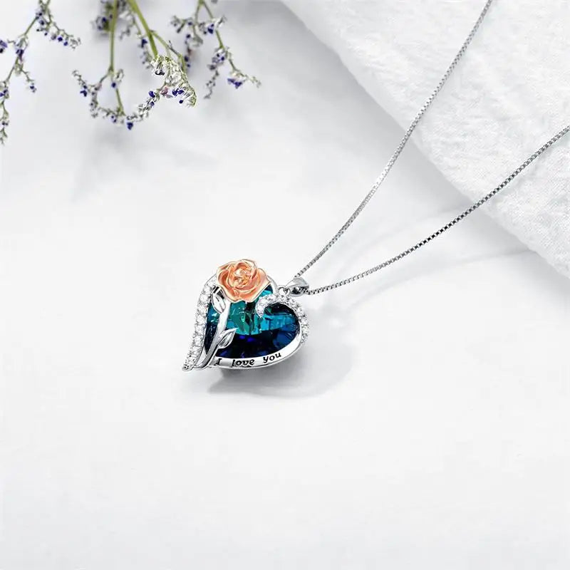 "I Love You" Rose Flower Pendant Necklace Heart Crystal Fashion Jewelry Birthday Gift Mom Wife Girlfriend Valentine's Day Gift