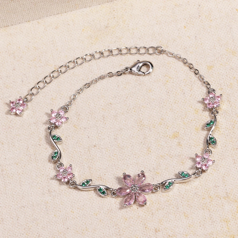 Luxury New Fashion Exquisite Green Leaf Flower Bracelet For Women Pink Cubic Zirconia Chain Shiny Rhinestone Bangle Jewelry