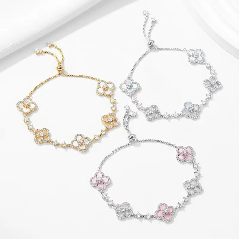 Shell Stone Crystal Four Leaf Bracelet Flower Shaped Handmade Light Luxury Cherry Blossom Pink Imitation Beinu Lucky Hand Chain