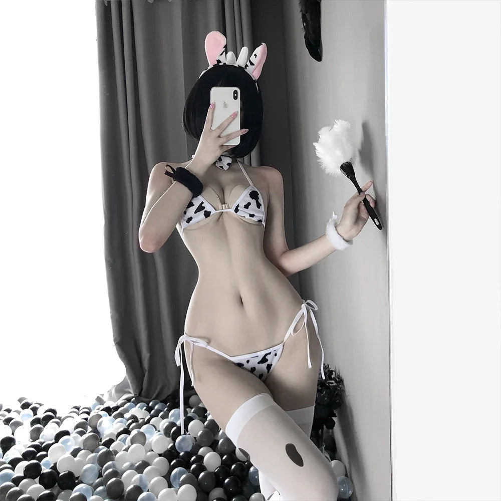 Anime Cow Cosplay Costume Maid Outfits Women Lingerie Kawaii Girls Lolita Bra and Panty Set Stockings